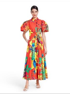 Christopher John Rogers Red Floral Maxi Shirt Dress